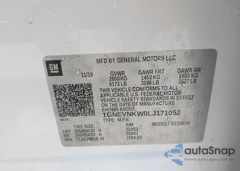 2020 Chevrolet Traverse Awd High Country z USA, uszkodzony, nr VIN 1GNEVNKWOLJ171052